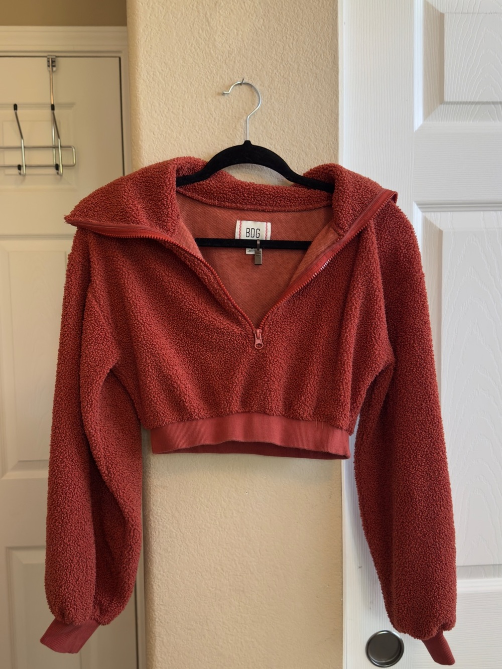 BDG urbane outfitters Rust-Colored Sherpa Cropped Half-Zip Hoodie